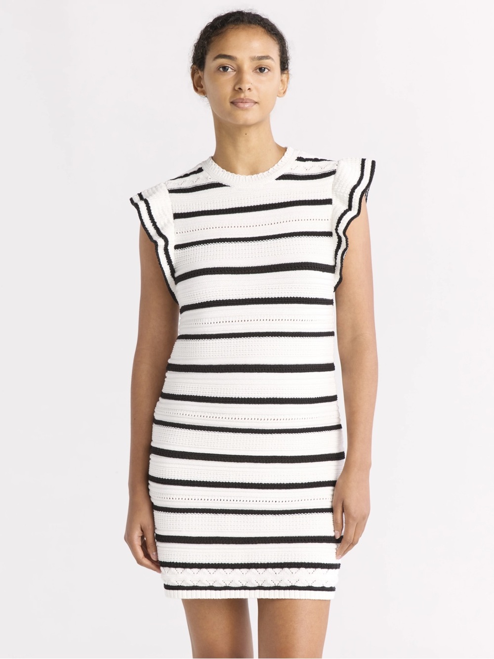 NWT Free assembly Black and White Striped Knit Mini Dress with Flutter Sleeves
